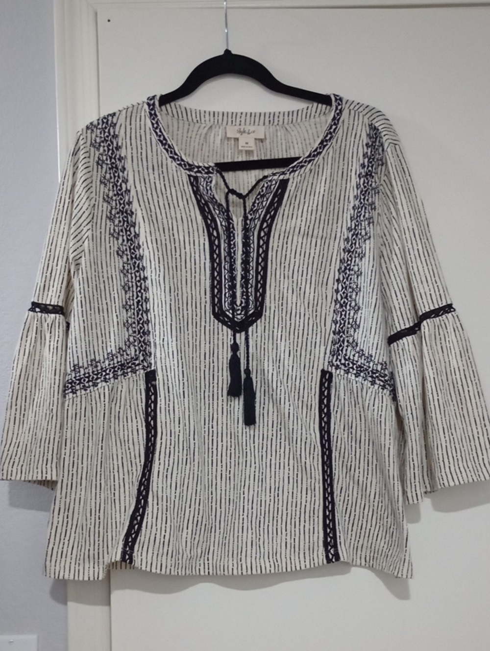 Style & Co. White Tunic with Navy Embroidery and Tassel
